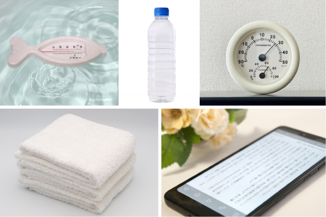 温度計、ペットボトル、時計、タオル、スマートフォンのイメージ写真