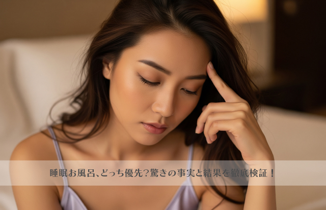 こめかみに人差し指を当てて目をつぶり、お風呂に入ろうか、ベッドで寝ようか、頭の中で考えている若いアジア人女性。