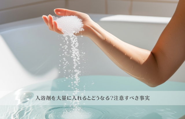 透明のお湯が入っているバスタブに、バスソルトを入れている女性の腕