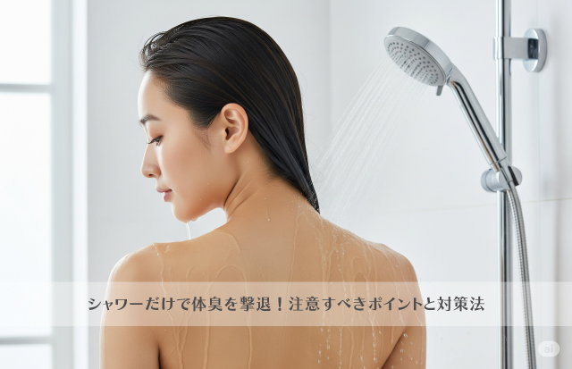 立って背中をシャワーの水にあてる若いアジア人女性