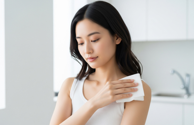 折りたたんだボディシートで体を拭いている若い日本人女性