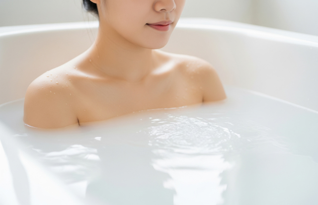 お湯に浸かっている若い女性