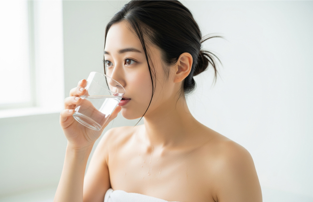 お風呂上りにバスタオルを体に巻いてコップの水を飲んでいる若い日本人女性