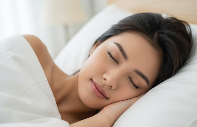 入浴後にベッドで眠りについている若いアジア人女性