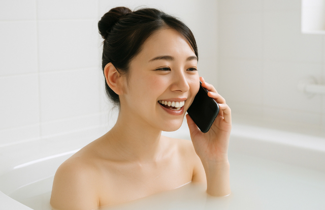 湯舟に浸かり笑顔で楽しそうに電話している若い日本人女性