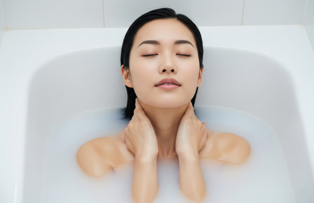 リラックスして湯舟に浸かりセルフマッサージしている若い女性