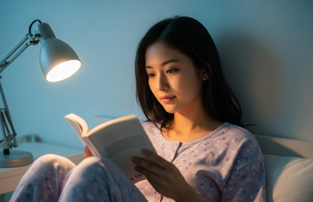 寝る前にうす暗い部屋でパジャマを着てリラックスし、本を読んでいる若い日本人女性