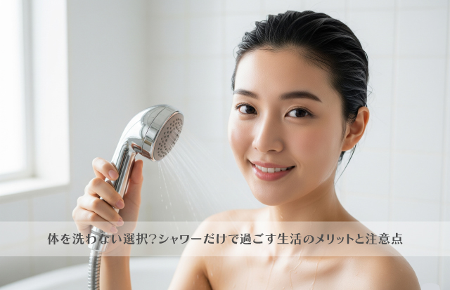 バスルームでシャワーを持っている若い女性