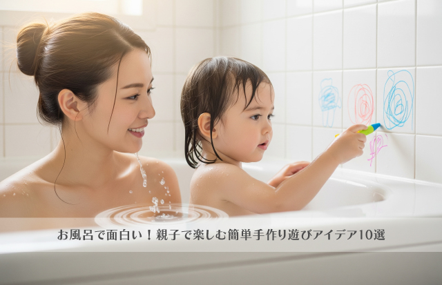 バスタブに浸かりながらお絵かきしている親子