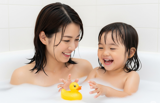 湯舟で泡遊びで楽しむ親子