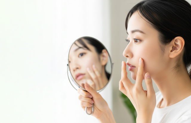 手鏡に向かい頬の肌の調子を確かめている若い日本人女性