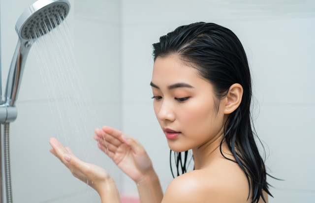 バスルームでお湯の温度を確かめている若い女性