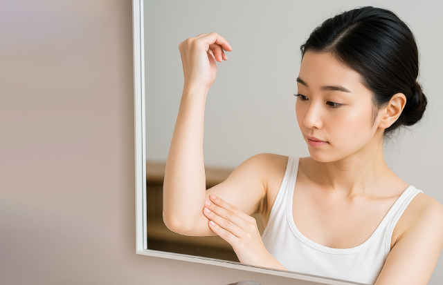 洗面台の鏡に向かい、二の腕の肌の調子を確かめている若い日本人女性