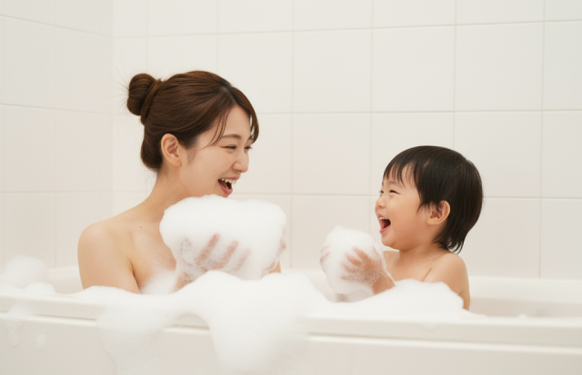 泡たっぷりのバスタブの中で会話している親子
