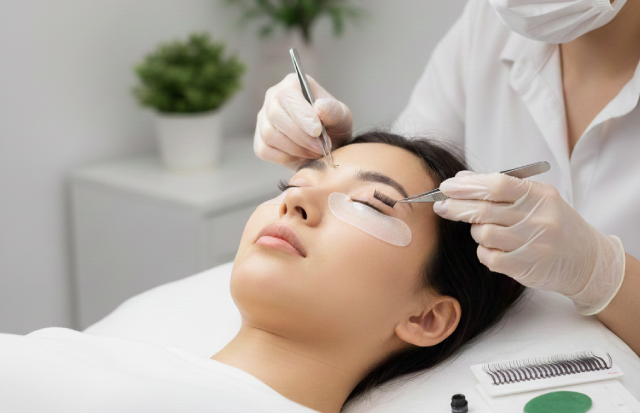 まつ毛エクステの施術をしている女性