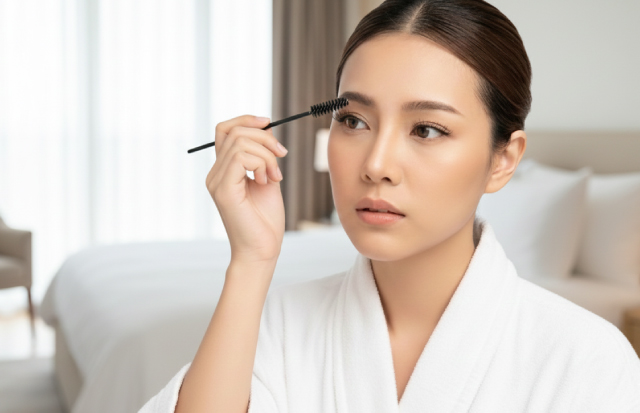 鏡に向かい、つけまつげの手入れをしている若いアジア人女性