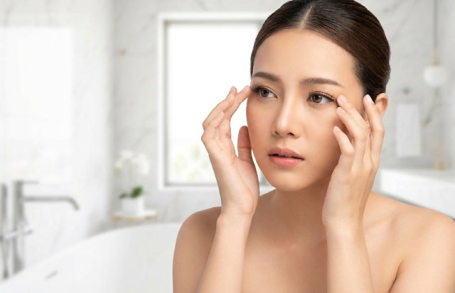 つけまつげを気にしている若い女性