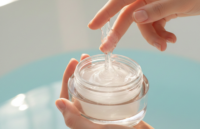 トリートメントを人差し指、中指の2本の指先ですくう女性の指先