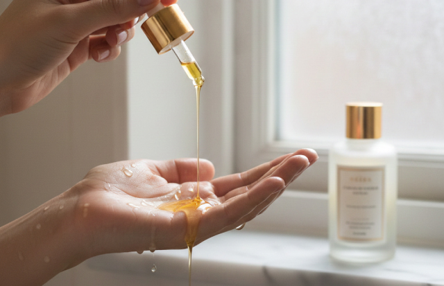 水滴が残る肌に、手のひらからオイルが垂れている瞬間