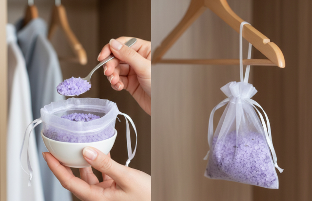 オーガンジーの袋にバスソルトを詰めている様子と、完成したサシェがハンガーに吊るされている様子
