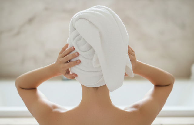 両手でタオルターバンをした後頭部を押さえている女性