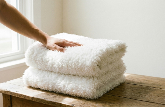 ふわふわなタオルを掌で優しく押している女性の手