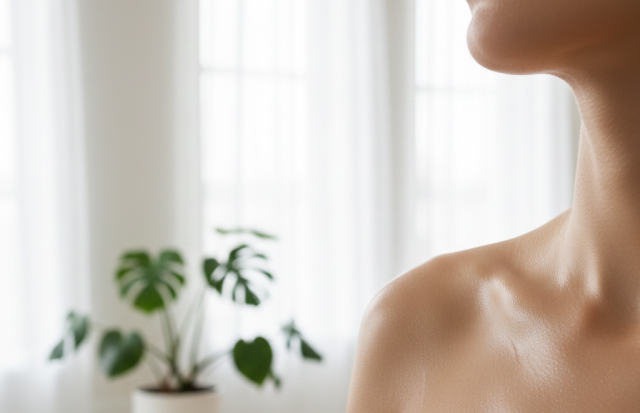 オイルケア後の、光を反射して輝く全身の肌