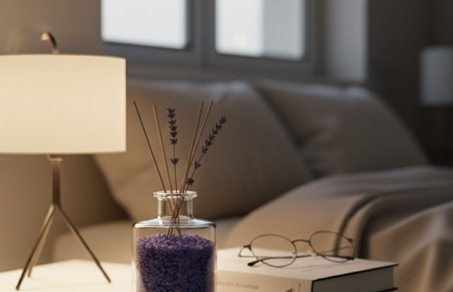 柔らかい光の中で、癒やしの雰囲気が強調されるベッドルーム