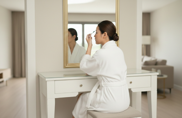 ドレッサーに向かいつけまつげを気にしている若い女性