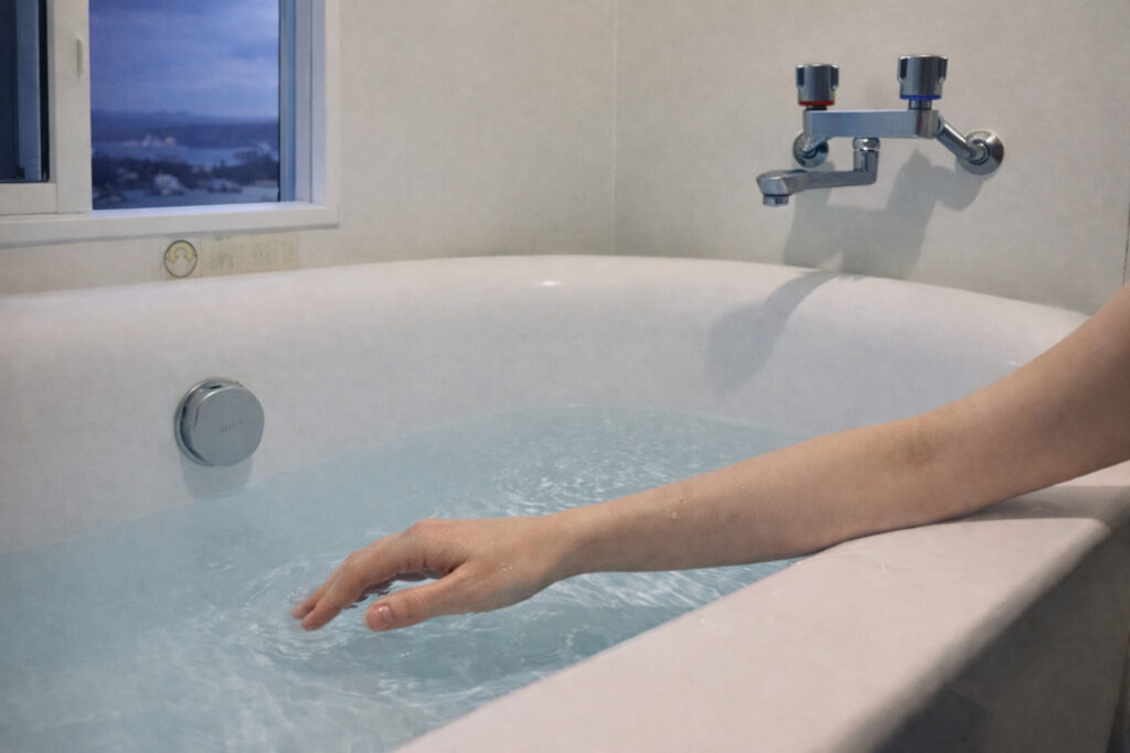 バスタブの水面と静かな夕暮れ