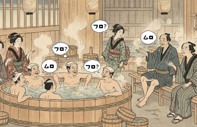 銭湯で雑談している江戸次代の人々
