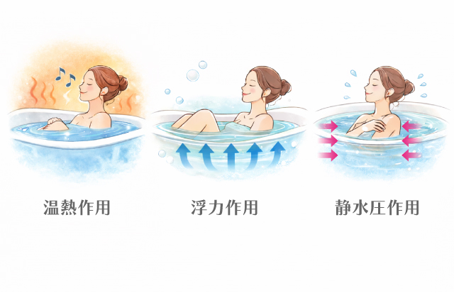 入浴の3つの作用 ・温熱作用 ・浮力の作用 ・静水圧の作用