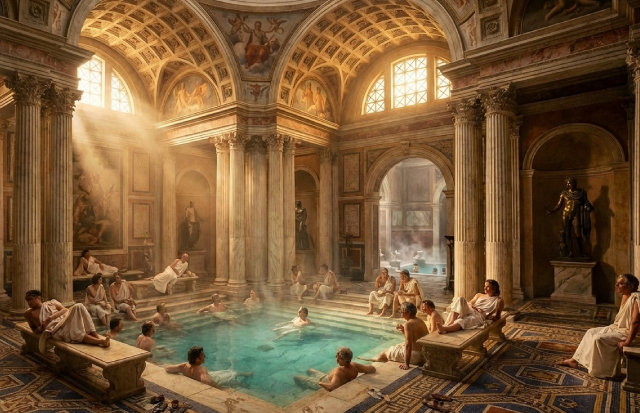 温泉プールに肩まで浸かってリラックスしているローマの人々