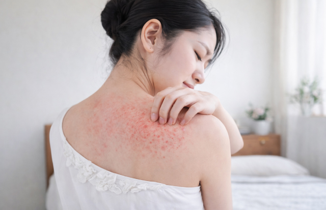 背中にあせもができてしまいかゆがっている若い女性