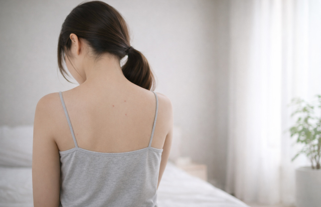 柔らかな光の中で背中ニキビを気にしてうつむく若い女性