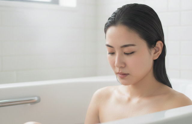入浴中に息苦しさを感じている若いアジア人女性