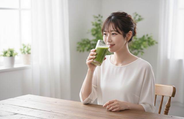 明るく清潔な部屋でスムージーを飲んでいる若い女性