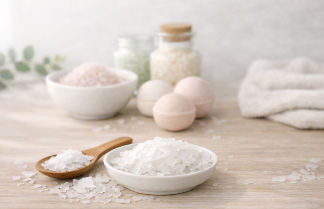 木のスプーンや小皿にのせた塩化マグネシウム