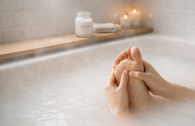 湯舟につかり、足の裏のツボを押している女性の足先