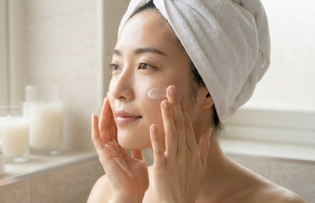 お風呂上がりに化粧水や乳液で保湿ケアをしている女性