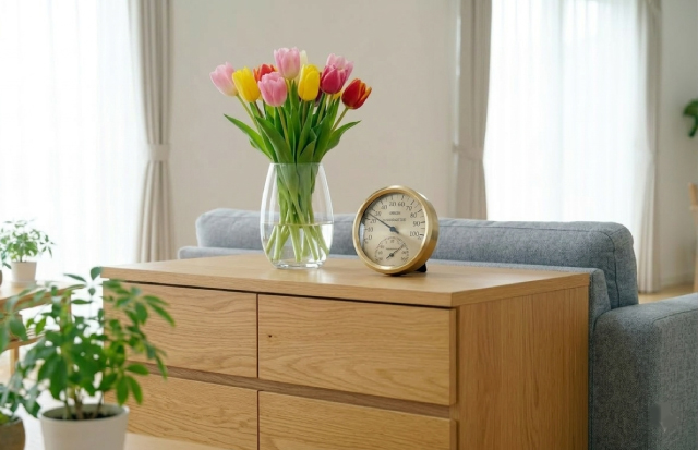 リビングのチェストの上に置いてあるチューリップが入った花瓶とおしゃれな室温計