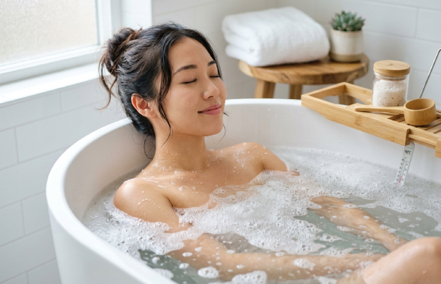 湯気の中に、リラックスして湯船に浸かっている若いアジア人女性