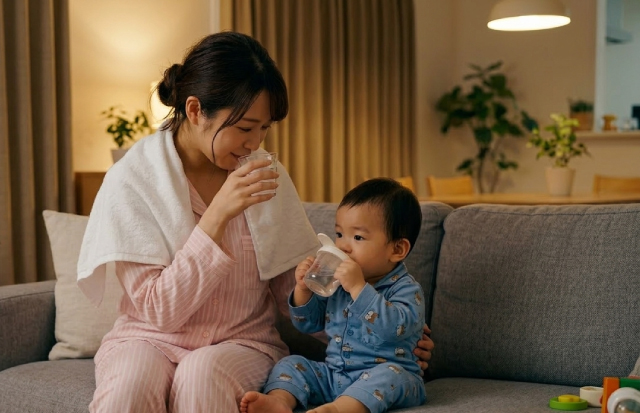 お風呂上りにソファーに座り水分を摂っている母と子