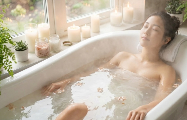 湯船にゆっくりと浸かり、リラックスしている女性