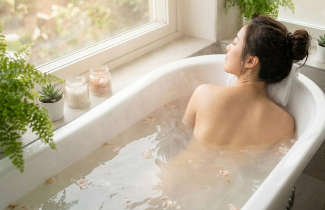 湯船にゆっくりと浸かり、リラックスしている女性の背中