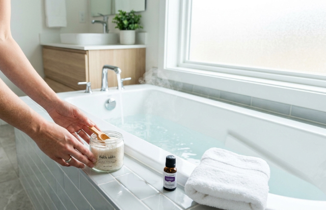 入浴の準備をしている女性の手元