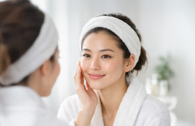 お風呂上がりのスキンケアシーン。潤った肌と満足げな表情の若い女性