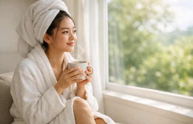 お風呂上がりに温かい飲み物を手に、窓の外を眺めながらリラックスする若い女性