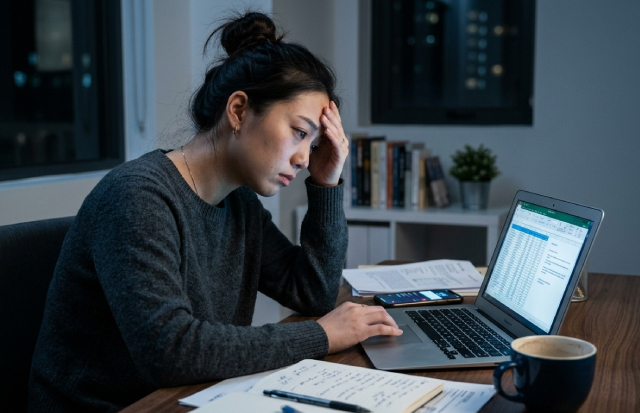 デスクでパソコンを見つめ、頭を抱えている女性
