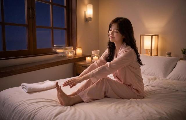 お風呂上りにベッドの上で、薄いピンク色のシルクのパジャマを着てストレッチしている女性